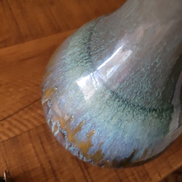 Vintage Drip Glaze Ceramic Vase in Teal and Brown with Flared Rim 8.5 Inch Tall - Picture 8 of 10